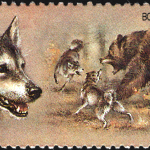 image of a soviet union 1988 CP 5949 stamp of a bear and husky fighting