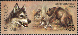 image of a soviet union 1988 CP 5949 stamp of a bear and husky fighting